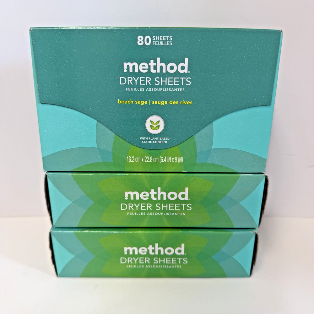 Lot Set of 3 Method Dryer Sheets Beach Sage 80 Sheets New Sealed 3 Packs
